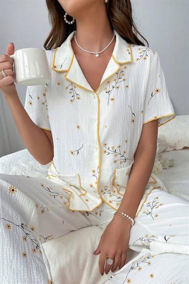 Bella Notte White Spring Daisy Print Pajama Set with Pocket Detail 7019