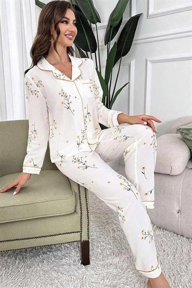 Bella Notte White Floral Printed Pocket Detailed Button Long Pyjama Set 7037