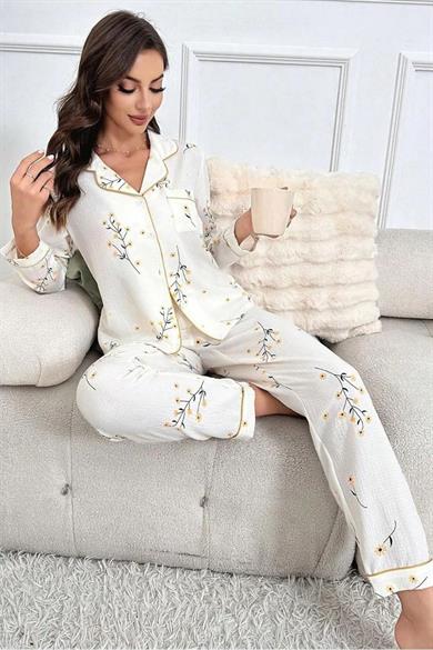 Bella Notte White Floral Printed Pocket Detailed Button Long Pyjama Set 7037