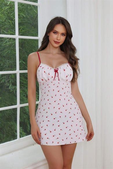 Bella Notte Beyaz Çiçek Desenli Askılı Mini Gecelik ED-17527