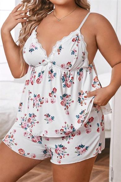 Bella Notte White Plus Size Floral Pattern Comfortable Shorts Set  7548