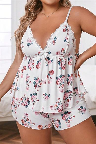 Bella Notte White Plus Size Floral Pattern Comfortable Shorts Set  7548