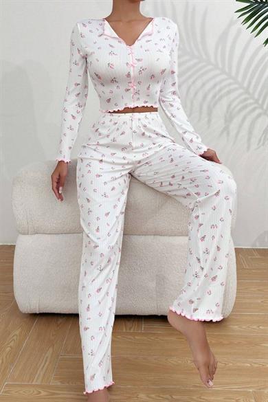 Bella Notte Beyaz Fiyonk Detaylı Crop Pijama Takımı 7077