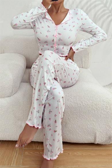 Bella Notte Beyaz Fiyonk Detaylı Crop Pijama Takımı 7077