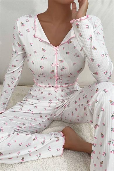 Bella Notte Beyaz Fiyonk Detaylı Crop Pijama Takımı 7077