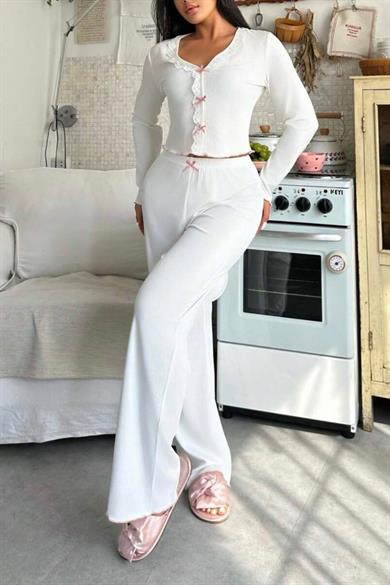 Bella Notte Beyaz Fiyonk Detaylı Pijama Takımı 77199