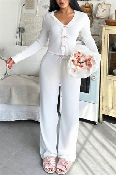 Bella Notte Beyaz Fiyonk Detaylı Pijama Takımı 77199