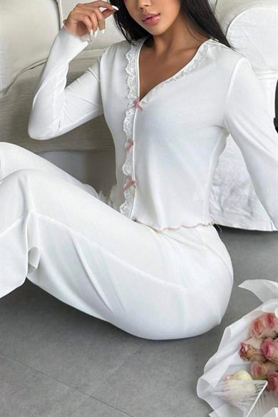 Bella Notte Beyaz Fiyonk Detaylı Pijama Takımı 77199