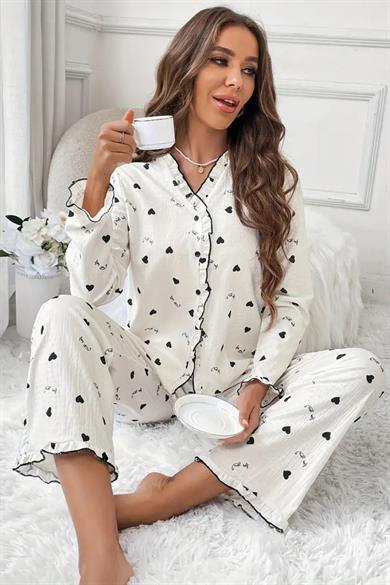 Bella Notte Beyaz Kalp Detaylı Pijama Takımı 77135