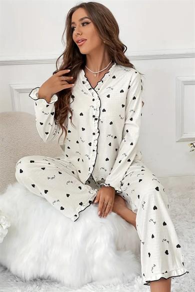 Bella Notte Beyaz Kalp Detaylı Pijama Takımı 77135