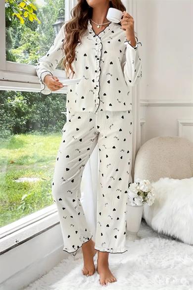 Bella Notte Beyaz Kalp Detaylı Pijama Takımı 77135