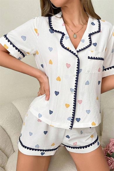Bella Notte White-Navy Blue Heart Love Home Wear Shorts Set 7555