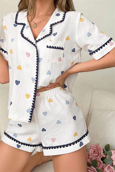 Bella Notte White-Navy Blue Heart Love Home Wear Shorts Set 7555