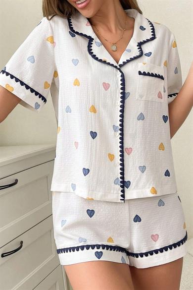 Bella Notte White-Navy Blue Heart Love Home Wear Shorts Set 7555
