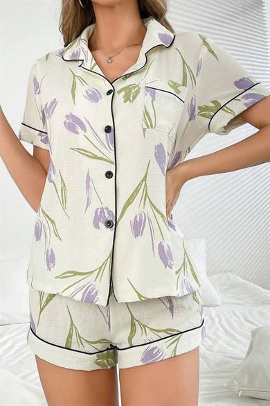 Bella Notte White-Lilac Tulip Wind Home Wear Shorts Set 7556