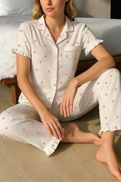 Bella Notte Beyaz Mini Kalp Baskılı Pinterest Pijama Takımı 7197