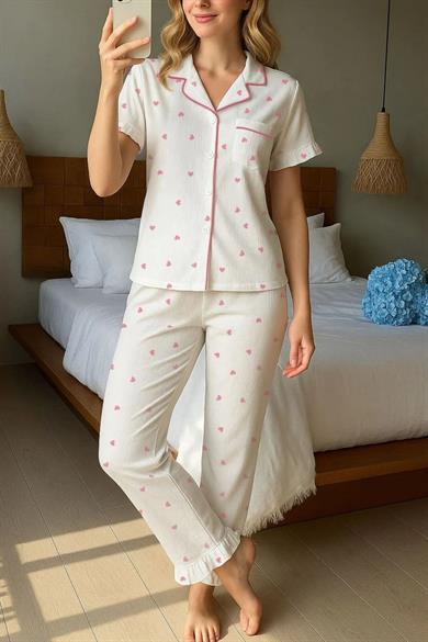 Bella Notte Beyaz Mini Kalp Baskılı Pinterest Pijama Takımı 7197