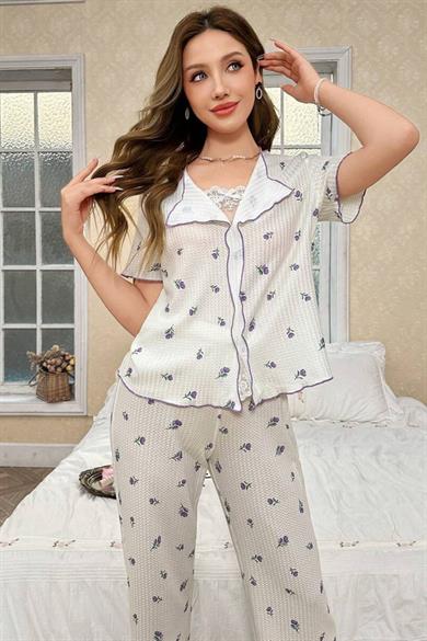 Bella Notte Beyaz Mor Lale Desenli Romantik Pijama Takımı 7335