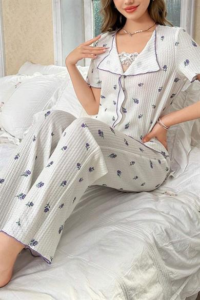 Bella Notte Beyaz Mor Lale Desenli Romantik Pijama Takımı 7335