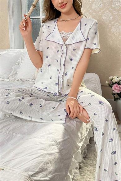 Bella Notte Beyaz Mor Lale Desenli Romantik Pijama Takımı 7335