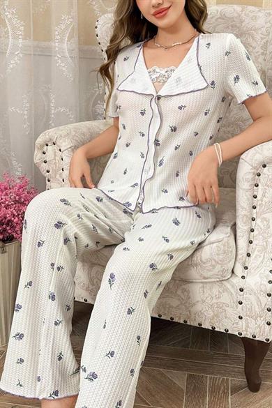 Bella Notte Beyaz Mor Lale Desenli Romantik Pijama Takımı 7335