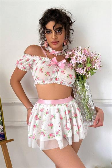 Bella Notte White Romantic Floral Print Skirt Bustier Suit 19511