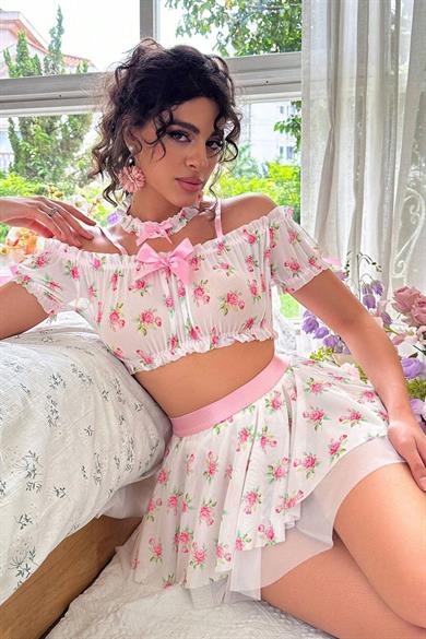 Bella Notte White Romantic Floral Print Skirt Bustier Suit 19511