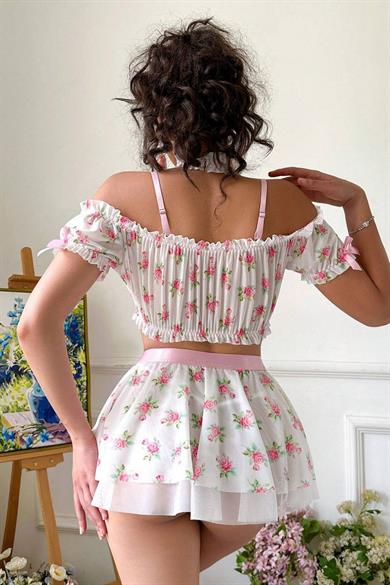 Bella Notte White Romantic Floral Print Skirt Bustier Suit 19511