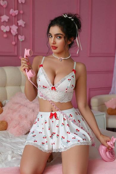 Bella Notte White Romantic Cherry Patterned Skirt Bustier Suit 19509