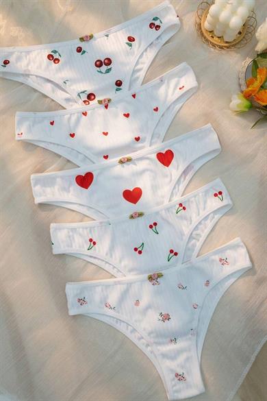 Bella Notte White Cute Hearts and Fruits Patterned 5-Piece Panties 