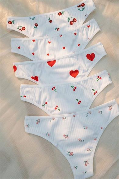 Bella Notte White Cute Hearts and Fruits Patterned 5-Piece Panties 