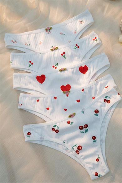 Bella Notte White Cute Hearts and Fruits Patterned 5-Piece Panties 