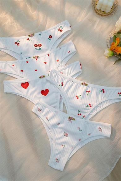 Bella Notte White Cute Hearts and Fruits Patterned 5-Piece Panties 