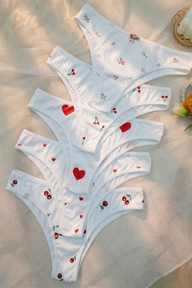 Bella Notte White Cute Hearts and Fruits Patterned 5-Piece Panties 