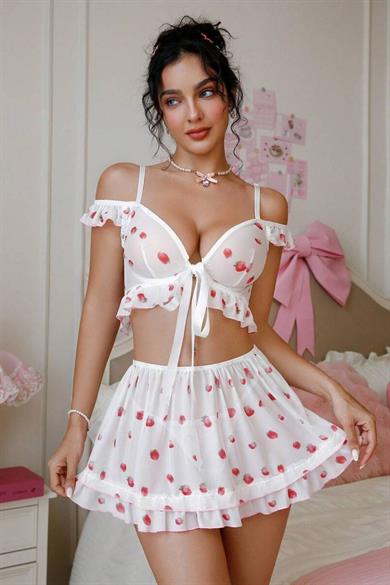 Bella Notte Beyaz V Yaka Etekli Büstiyer Takım Gecelik ED-17525