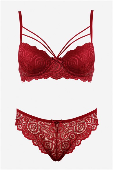 Bella Notte Burgundy Lace Double Rope Detailed Stylish Bra Set 19007