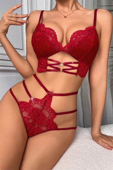 Bella Notte Bordo Dantelli Sexy Tasarım Bralet Takım 16101