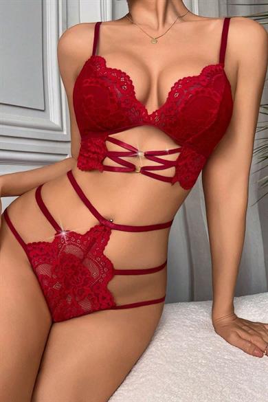 Bella Notte Bordo Dantelli Sexy Tasarım Bralet Takım 16101