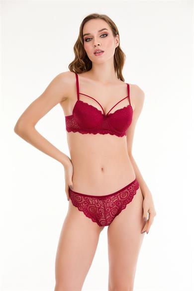 Bella Notte Burgundy Lace Single Rope Detailed Stylish Bra Set 19011