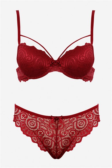 Bella Notte Burgundy Lace Single Rope Detailed Stylish Bra Set 19018