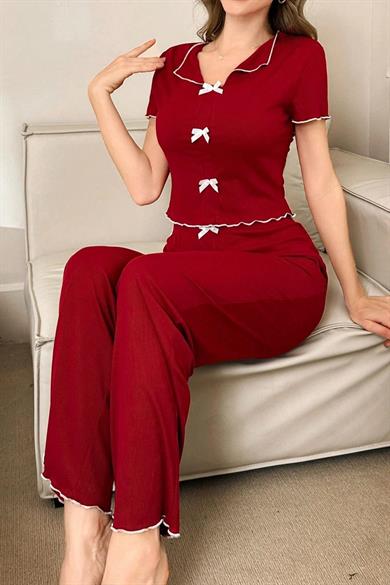 Bella Notte Bordo Fiyonklu Pamuklu Kısa Kollu Pijama Takımı 7161