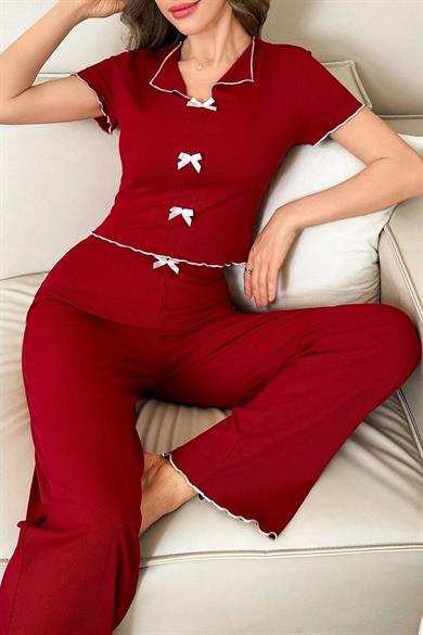 Bella Notte Bordo Fiyonklu Pamuklu Kısa Kollu Pijama Takımı 7161