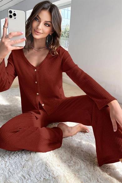 Bella Notte Bordo Hırkalı Pamuklu Pijama Takımı 77130