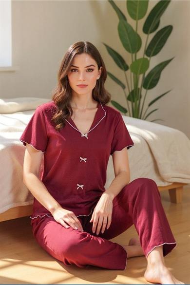Bella Notte Bordo Kısa Kollu Fiyonk Detaylı Pamuklu Pijama Takımı 7349
