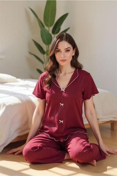 Bella Notte Bordo Kısa Kollu Fiyonk Detaylı Pamuklu Pijama Takımı 7349