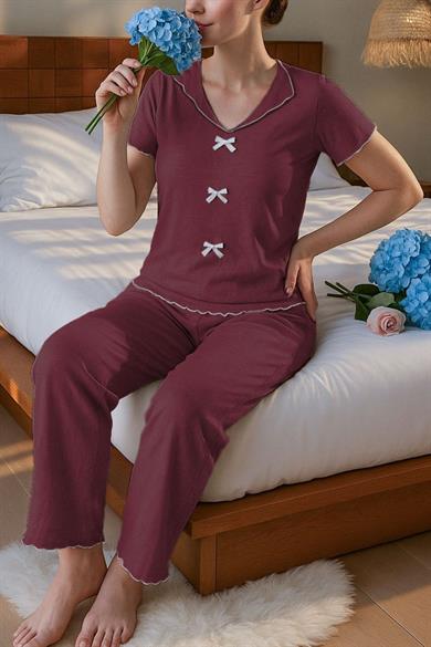 Bella Notte Bordo Kısa Kollu Fiyonk Detaylı Pamuklu Pijama Takımı 7349