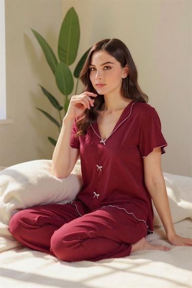Bella Notte Bordo Kısa Kollu Fiyonk Detaylı Pamuklu Pijama Takımı 7349