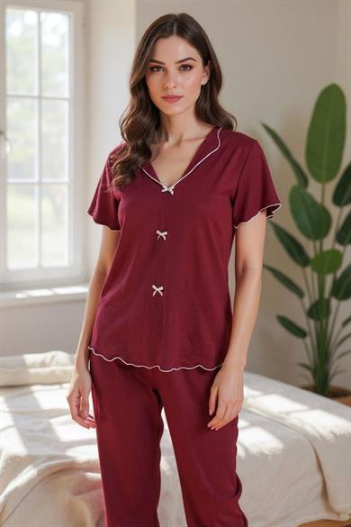 Bella Notte Bordo Kısa Kollu Fiyonk Detaylı Pamuklu Pijama Takımı 7349