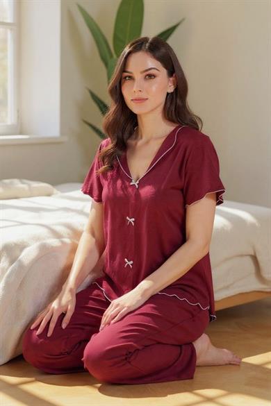 Bella Notte Bordo Kısa Kollu Fiyonk Detaylı Pamuklu Pijama Takımı 7349