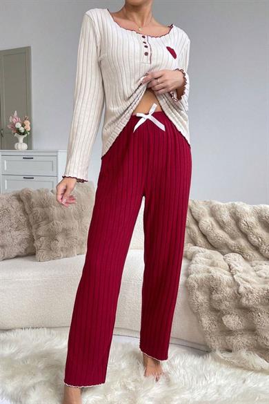 Bella Notte Bordo Pamuklu Kalp Detaylı Pijama Takımı 7107